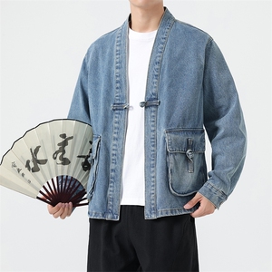 24秋冬大码道袍风牛仔衣外套盘扣新中式日系夹克潮F26/P110