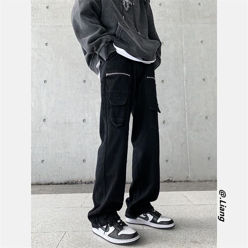 高街牛仔裤黑色拉链款直筒裤裤715-6-BX19P65（控88）图片