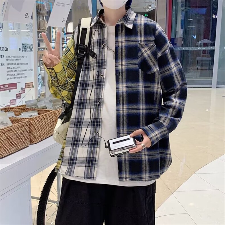 春秋季港风ins潮流宽松休闲衬衣双色拼接格子衬衫男W3840-P33,男装衬衫,星座512-2