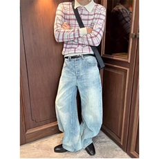 老钱风红白格纹复古针织衫polo领cleanfit长袖百搭MY2591批68，男装针织衫/毛衣，星座1411A-6