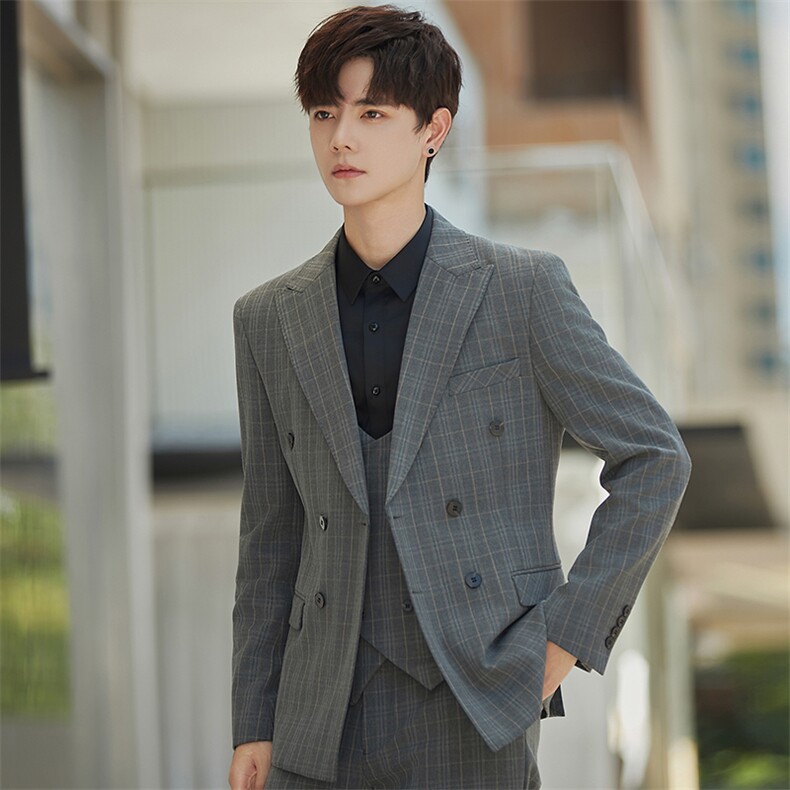 新款高级感千鸟格子帅气西服男双排扣休闲西装三件套5528P-290，男装西服套装，电商A355（原A415）