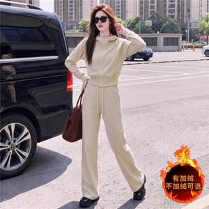 女秋冬季新款小个子韩系穿搭套装拉链连帽长袖卫衣阔腿长裤两件套图片