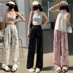 醋酸冰丝水墨阔腿裤子女2024夏季薄款高腰显瘦垂感凉凉休闲裤图片