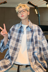GS77P45美式宽松格子衬衫日系夏季短袖翻领外套衬衣青少年外套男，男装衬衫，星座1108-5