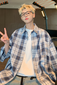 GS77P45美式宽松格子衬衫日系夏季短袖翻领外套衬衣青少年外套男图片