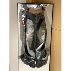 弯刀阔腿拼接解构破洞做旧牛仔裤男女宽松垂感长裤LK11155-p48，男装牛仔裤，星座1008