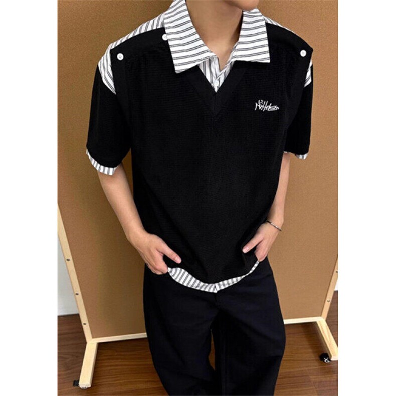 条纹拼接假两件翻领Polo衫男女日系复古学院风宽松短袖T袖T507，男装Polo衫，星座1116A（原606A-3）