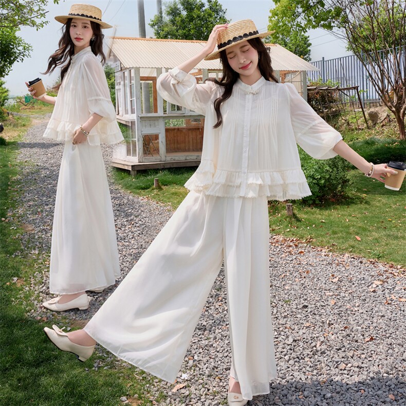 新中式套装女2025夏新款巨好看的小香风气质防晒阔腿裤两件套，女装套装/套裙，水衣源