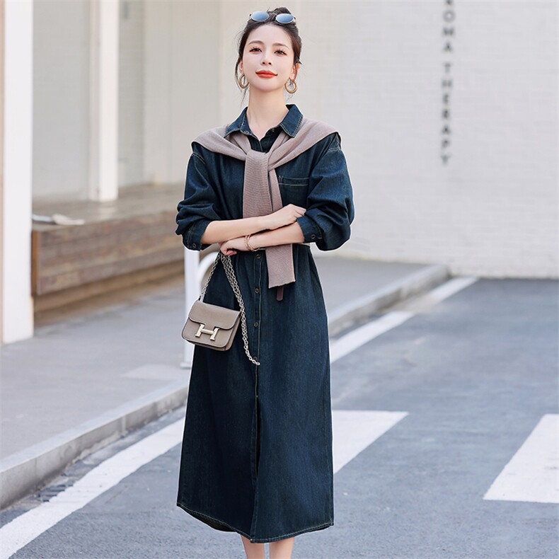 时尚秋季长款牛仔连衣裙修身显瘦气质女神风,女装连衣裙,凯瑟曼