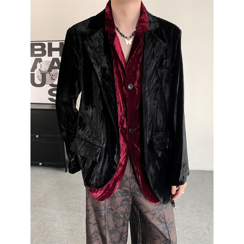春秋小众金丝绒拼接男女西装设计感小众垫肩双层中式演唱会西服,男装西服,星座909