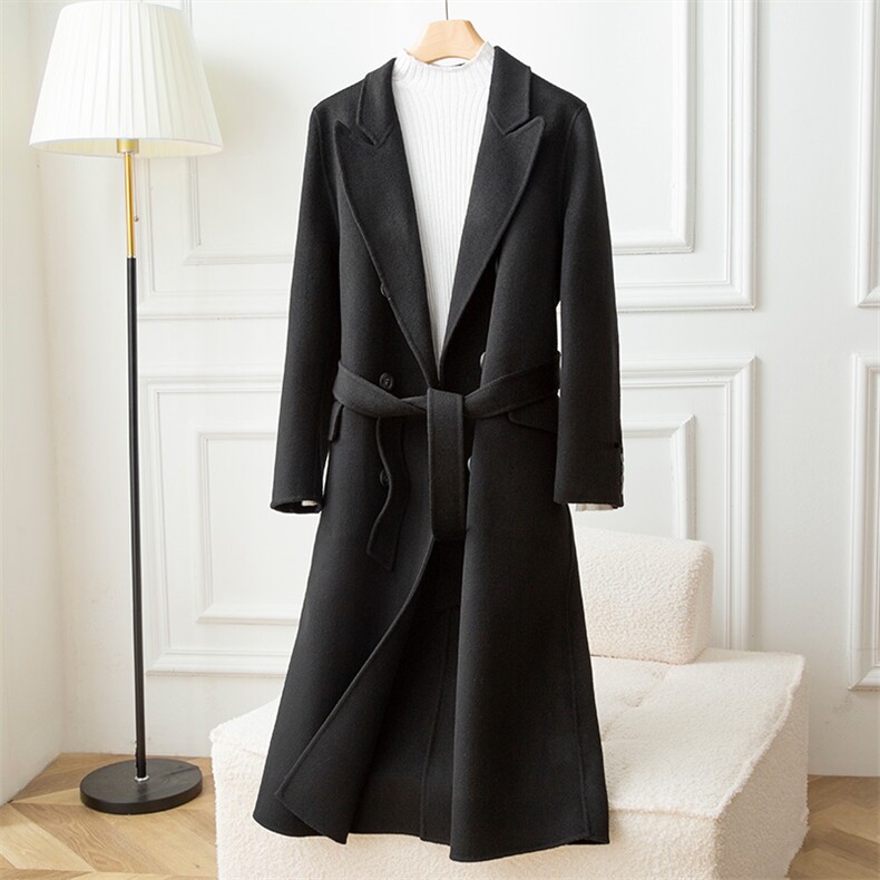 时尚显瘦女士羊毛大衣长款西装领保暖防风外套，女装双面呢大衣，赛欧妮