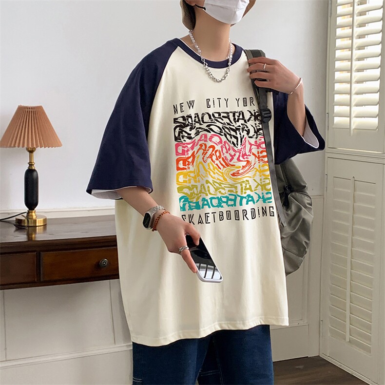 抖音品质潮牌圆领落肩拼色男女款大码宽松T恤纯棉240克控49,男装T恤,星座301D-4(原星座1004-4）