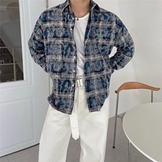 Q30/P46扎染格纹休闲衬衫男宽松翻领上衣潮流小众长袖衬衣1，男装衬衫，星座1506