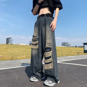 2024破洞牛仔裤男女潮牌水洗做旧阔腿裤宽松百搭拖地长裤-X1683图片