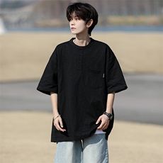 8XL-M亨利领亚麻短袖t恤男弹力大码宽松半袖开衩设计体恤DT002P45，男装T恤，电商B312