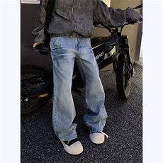 裂纹设计水洗浅牛仔裤男款美式潮流休闲百搭宽松直筒长裤NZ7053，男装牛仔裤，星座516A