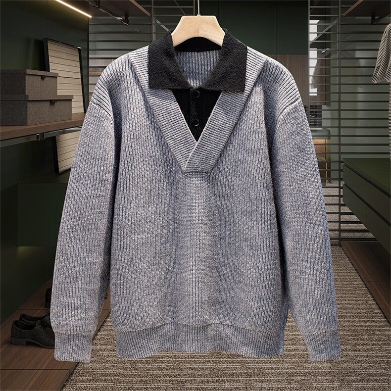 黑色老钱双层领POLO领毛衣2025年秋季新款高级感拼接撞色针织衫，男装Polo衫，星座914