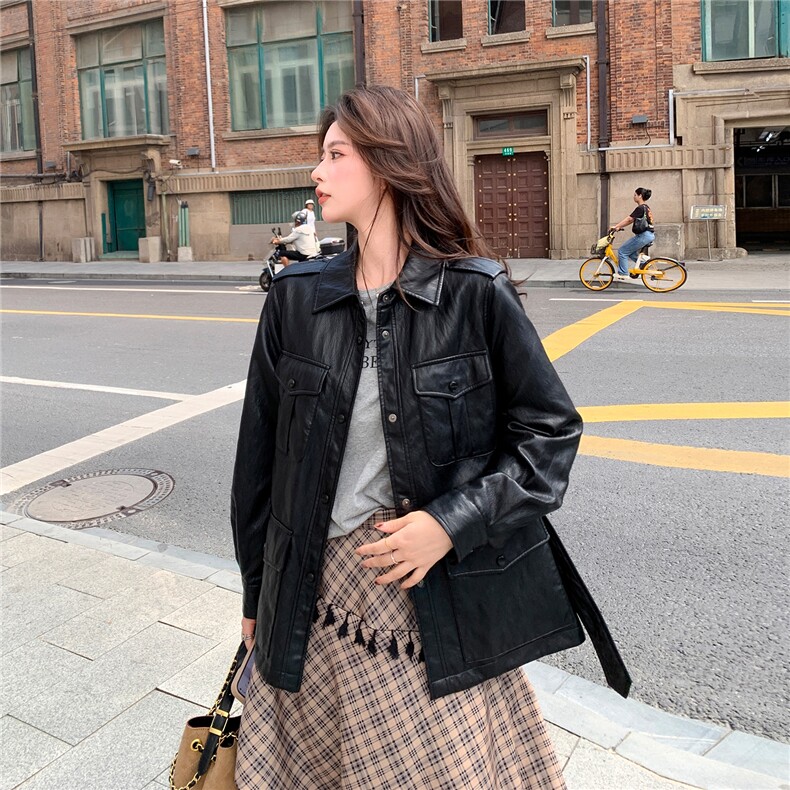 气质复古收腰黑色皮衣外套女春秋2025新款小个子机车服PU夹克流行,女装短外套,2C030