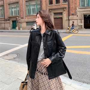 气质复古收腰黑色皮衣外套女春秋2025新款小个子机车服PU夹克流行图片