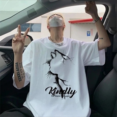 纯棉260g紧密赛络纺猫咪侧影印花t恤男女中性ins半袖t恤潮牌，男装T恤，星座715-4