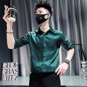 301A-1 CS583 P55 社会小伙店主风男士夏季纯色提花中袖衬衫图片