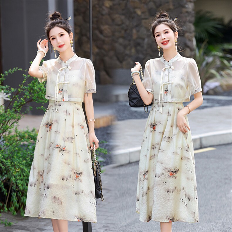 现货2026夏装新款时尚简约气质两件套中式盘扣高级感连衣裙套裙，女装连衣裙，兰菲阁
