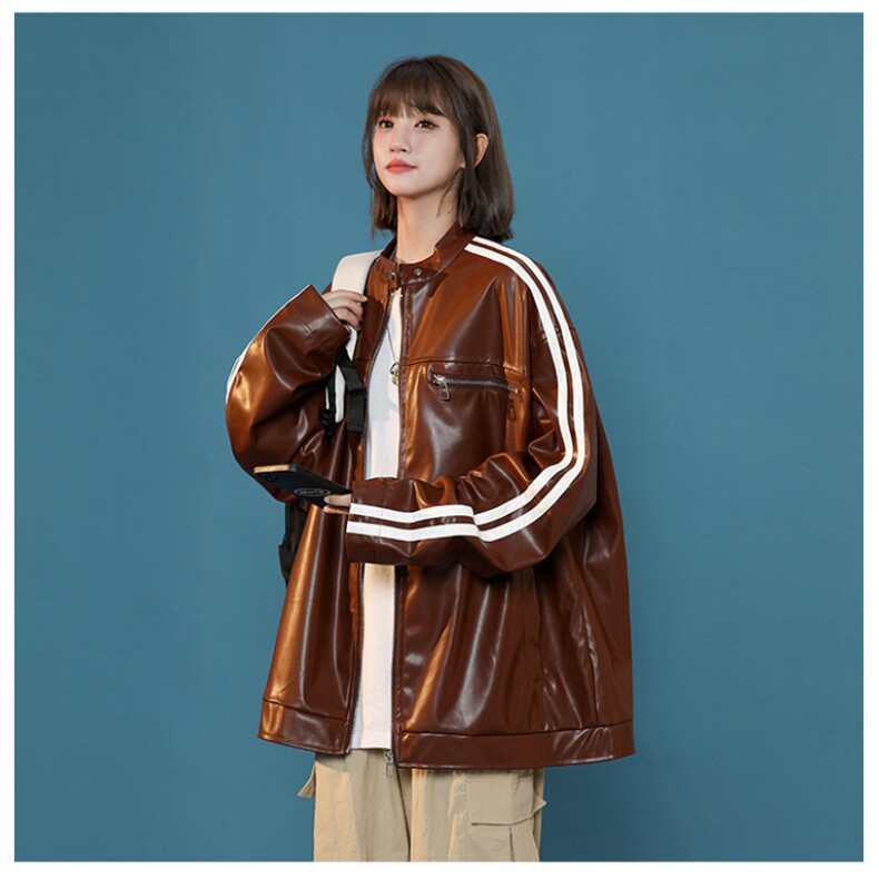 美式撞色条纹小立领PU皮衣情侣机车服夹克外套JK2315-P98控128,男装夹克,星座221-1