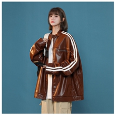 美式撞色条纹小立领PU皮衣情侣机车服夹克外套JK2315-P98控128，男装夹克，星座221-1