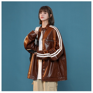 美式撞色条纹小立领PU皮衣情侣机车服夹克外套JK2315-P98控128