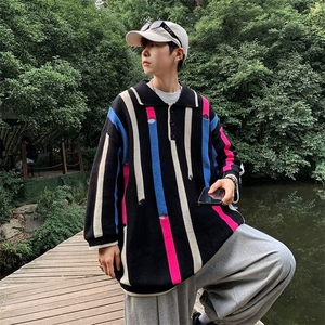 2023撞色韩系破洞polo衫男同款宽松中袖高级七分袖设计感针织衫图片