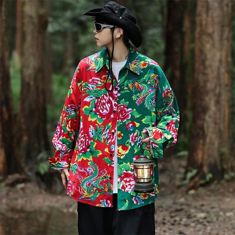 PC203男士休闲东北大花拼接长袖衬衫外套男女宽松寸衣汉服演出服,男装衬衫,星座115A(原星座507）