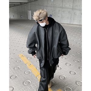 重磅设计假两件连帽皮衣外套男美式bomber飞行服夹克JK85399-p85图片