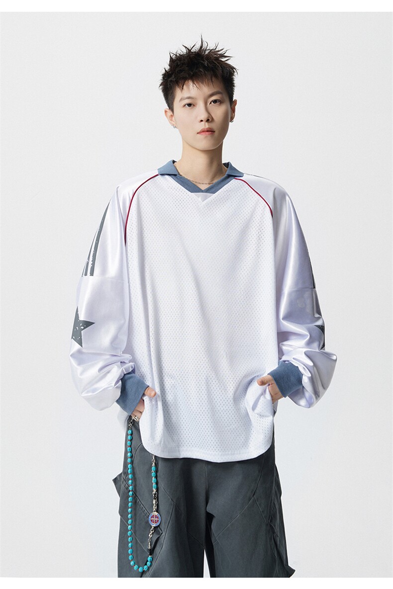 可二开美式POLO衫大码M-5XL拼接V领球衣长袖T恤男CX78111P45控69,男装Polo衫,星座226-1