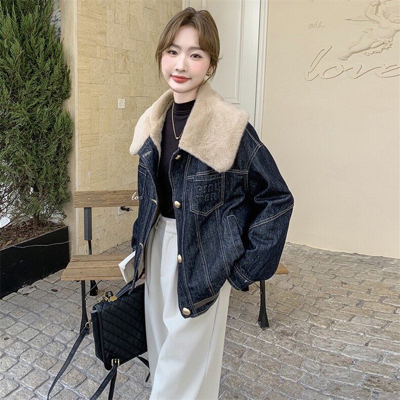 现货：2025年冬装新款牛仔拼仿貂毛外套2C135-6858P185K258,女装派克服,2C135