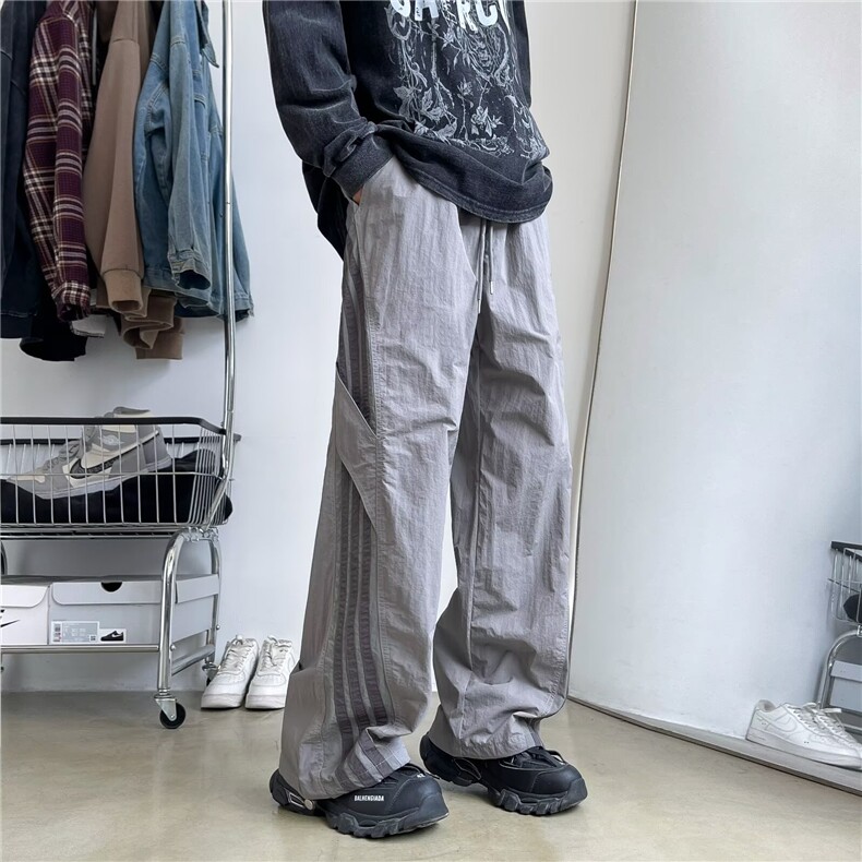 条纹降落伞兵裤子男薄款美式冲锋裤阔腿裤速干潮牌工装裤Q118/P44，男装工装外套，星座506