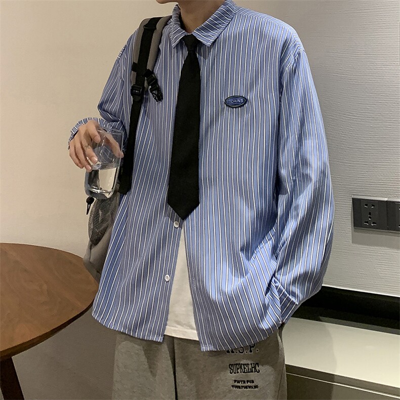 dins长袖jk衬衫男女情侣宽松学生学院风工装bf衬衣条纹W1567-P35,男装衬衫,星座512-2