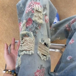 网图现货  美式宽松直筒花卉破洞直筒牛仔长裤K154/特P48图片