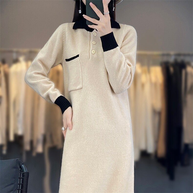 女士羊毛衫女秋冬季保暖针织POLO领羊毛裙,女装连衣裙,暖思雅