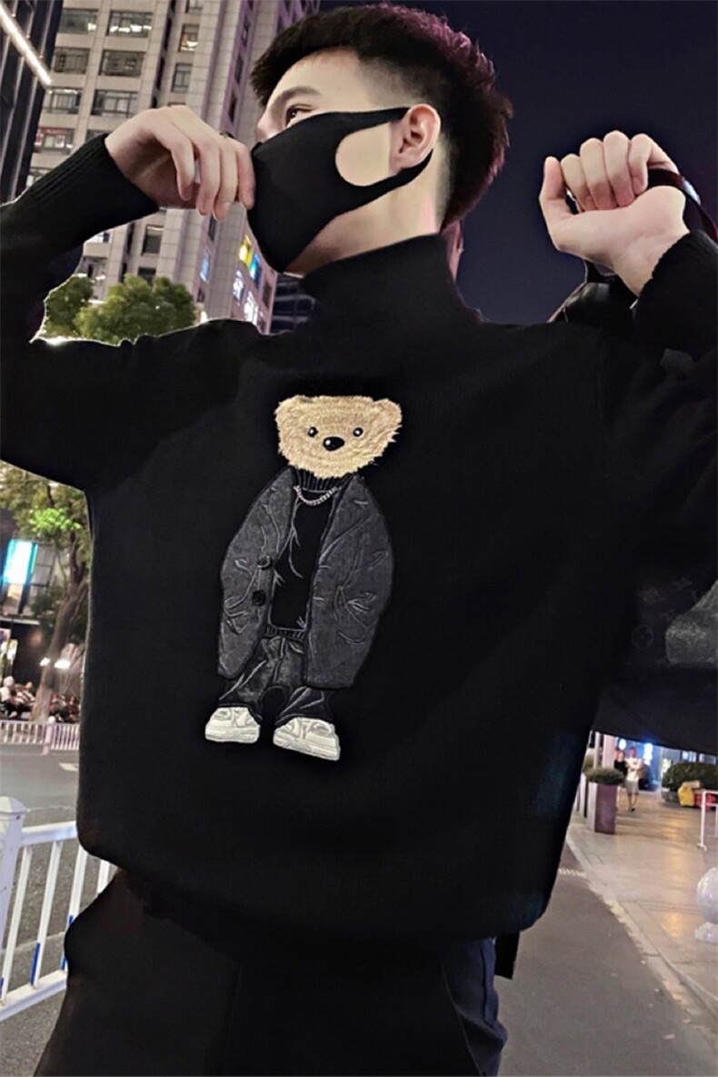 LV103/特P93控123冬季社会小伙高领刺绣小熊针织衫打底毛衣男黑1,男装T恤,星座305B