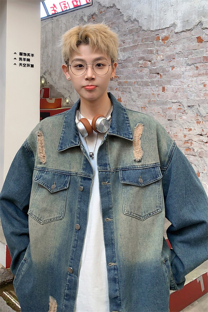 破洞牛仔夹克C5375-TP70控价98春季港风美式复古蓝翻领外套男,男装夹克,电商A102-1