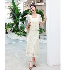 法式优雅米白色蕾丝衬衫+半身裙两件套2023夏高级感套装女，女装套装/套裙，妙形