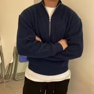 美式半拉链中高领针织衫男高级感宽松毛衣纯色百搭保暖套头衫图片