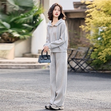 蓝色套装连帽卫衣女春装新款时尚潮流两件套直筒修身宽松休闲裤子，女装卫衣/绒衫，梦懿尔