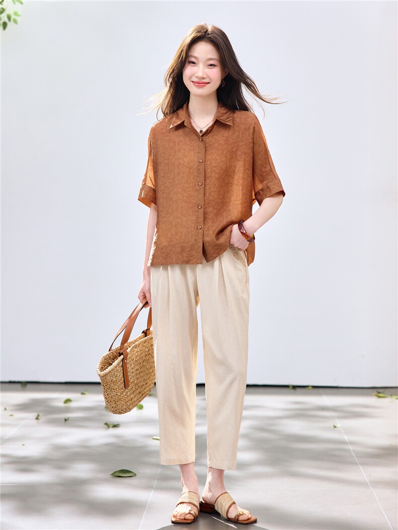 长期现货2026年夏季冰天丝时尚休闲两件套提花莱赛尔衬衫休闲裤女,女装套装/套裙,璐依舞