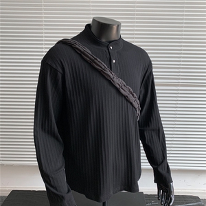 高级感正肩纹理肌理感美式老钱风亨利领长袖T恤卫衣TX230-特P38图片