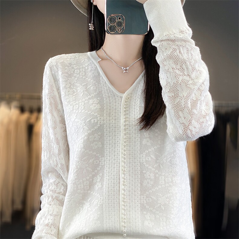 2025年秋季休闲/淑女V领珍珠设计时尚百搭通勤开衫，女装针织衫/毛衣，森墨