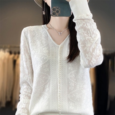 2025年秋季休闲/淑女V领珍珠设计时尚百搭通勤开衫，女装针织衫/毛衣，森墨