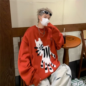 2024趣味卡通斑点花猫提花毛衣男宽松破洞慵懒风针织衫MZ750-P53图片