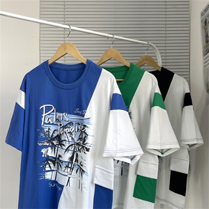 数据！设计感拼接撞色短T恤夏季宽松休闲男上衣XT228-P45控68图片