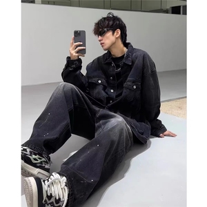 潮ins高街水洗做旧牛仔外套男刮破烂宽松休闲夹克春秋小众设计感图片